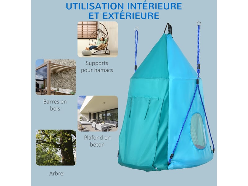 Balançoire nid d'oiseau avec tente amovible ø 100 cm charge max. 150 kg corde réglable en hauteur 120 à 180 cm bleu - Conforama W