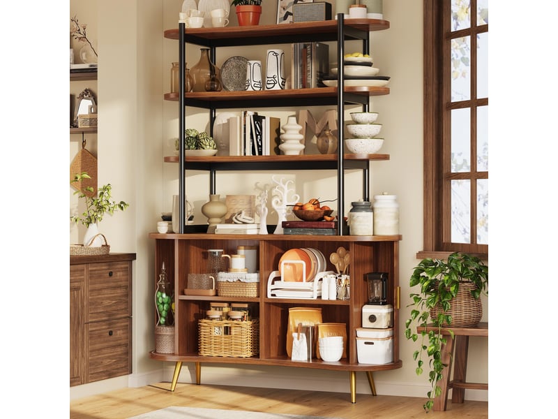  Buffet de cuisine - 120x40x183cm - meuble avec portes tambour cannelées, étagère 4 niveaux, pieds dorés - marron foncé  - Conforama D