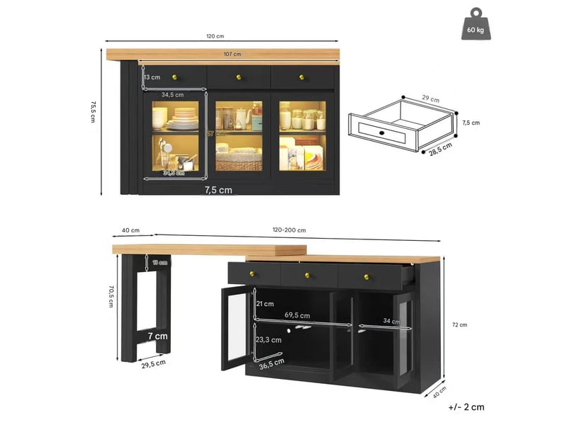  Table à manger extensible en mdf noir 120-200x40x75,5 cm - pangivo  - Conforama C