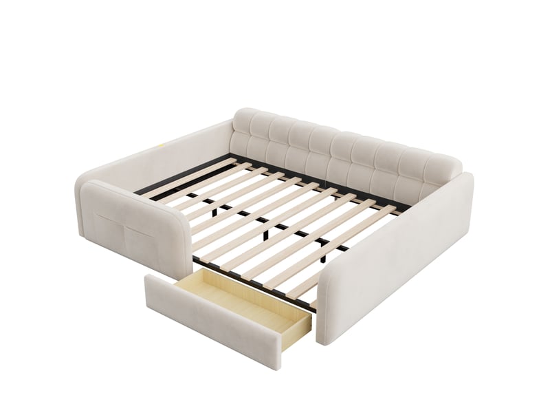 Lit enfant 140 x 200 cm avec grand tiroir, veilleuse et usb-type-c, lit rembourré en velours avec dossier façon canapé et hauts garde-corps - beige - Conforama E