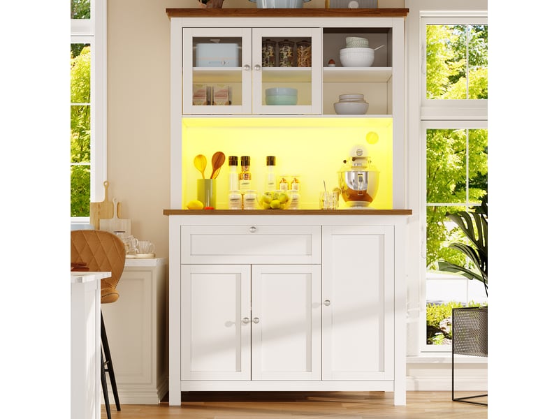  Buffet de cuisine 104 x 40 x 180 cm avec éclairage led et étagères réglables, blanc  - Conforama D