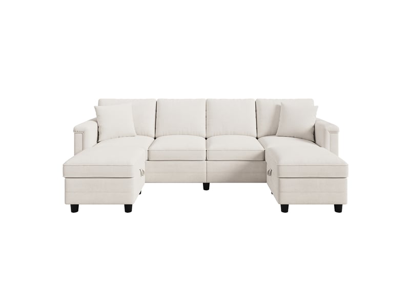  Canapé modulable 261x134x82 cm avec 2 poufs de rangement en chenille beige  - Conforama A