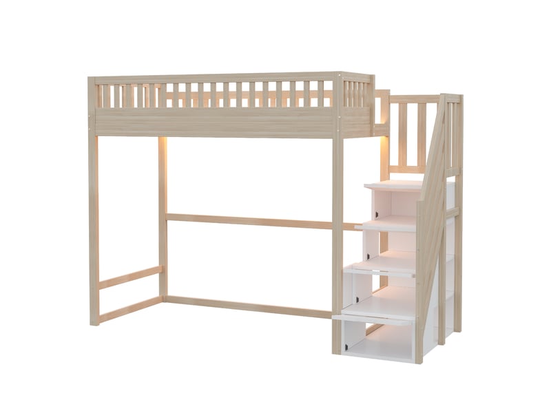 Lit mezzanine en pin massif naturel 90x200 cm, échelle réversible, barrières de sécurité et led - Conforama D