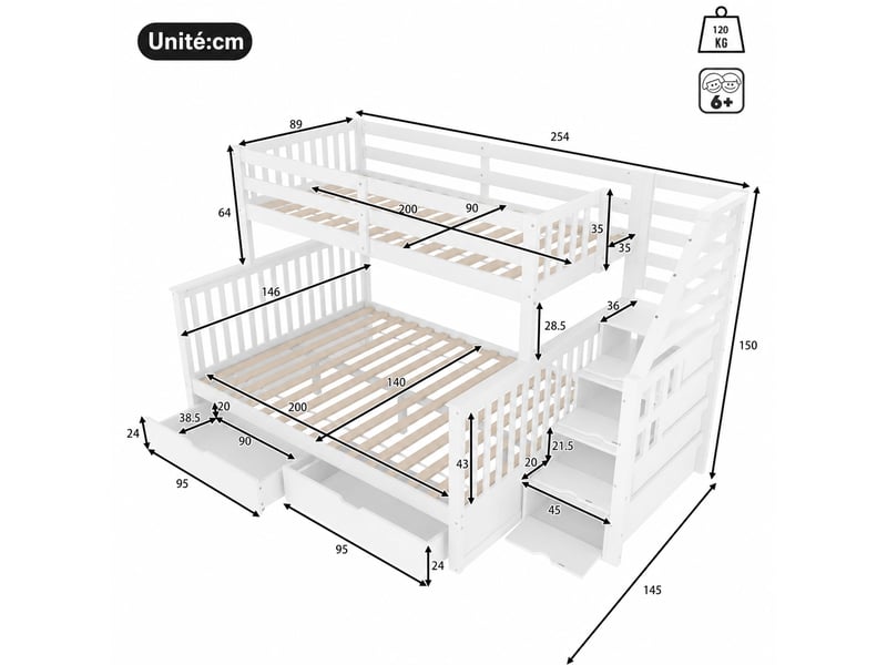  Lit mezzanine en métal, lit simple avec bureau, étagères, usb, type-c et led, 90x200 cm, sans matelas, blanc  - Conforama D