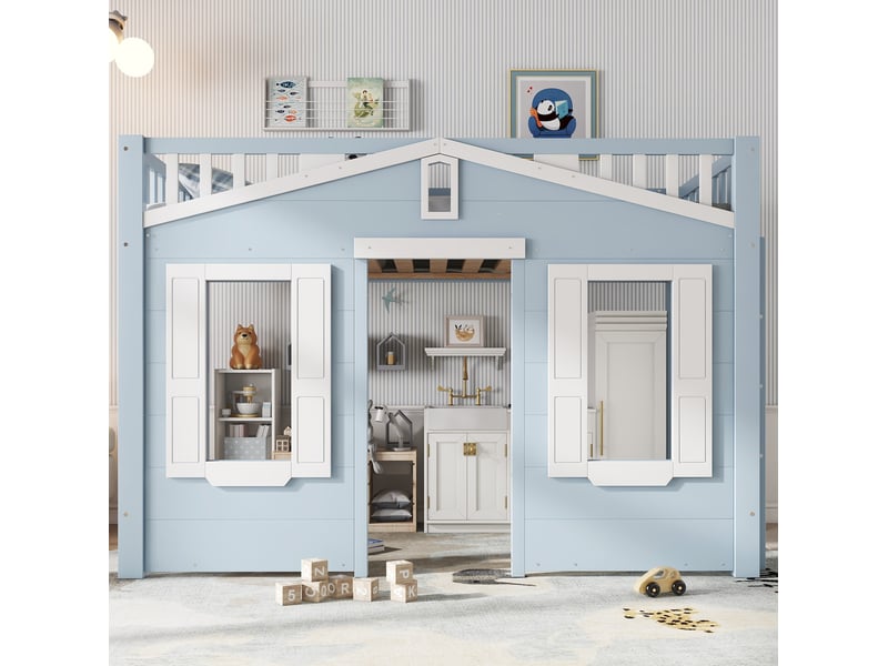  Lit mezzanine enfant 90x200 cm, rangement, escalier réversible et fenêtre décorative, mdf, blanc et bleu, sans matelas  - Conforama B