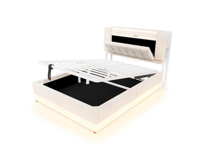  Lit coffre capitonné 140 x 200 cm - avec éclairage led - avec port usb - velours - beige (matelas non inclus)  - Conforama W