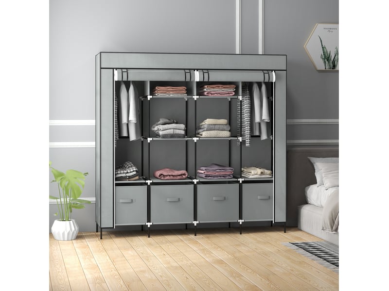  Armoire en tissu avec 2 barres 10 compartiments et 4 tiroirs, porte zippée pour chambre et entrée, gris foncé  - Conforama E