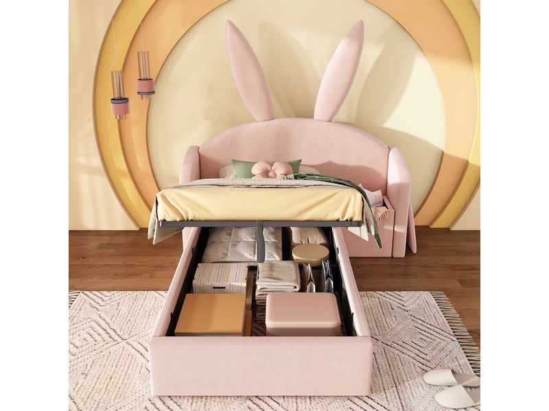 Lit coffre enfant 90x190 cm avec tête oreilles de lapin, rangement hydraulique et table de chevet réversible, velours rose - Conforama E