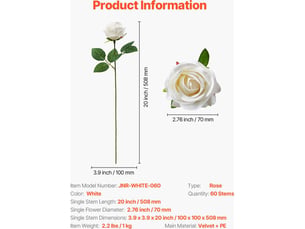 Mophorn lot de 60 roses artificielles de 508 mm avec têtes de 70 mm, fleurs réalistes pour décoration intérieure, mariages, fêtes et centres de table, blanc
