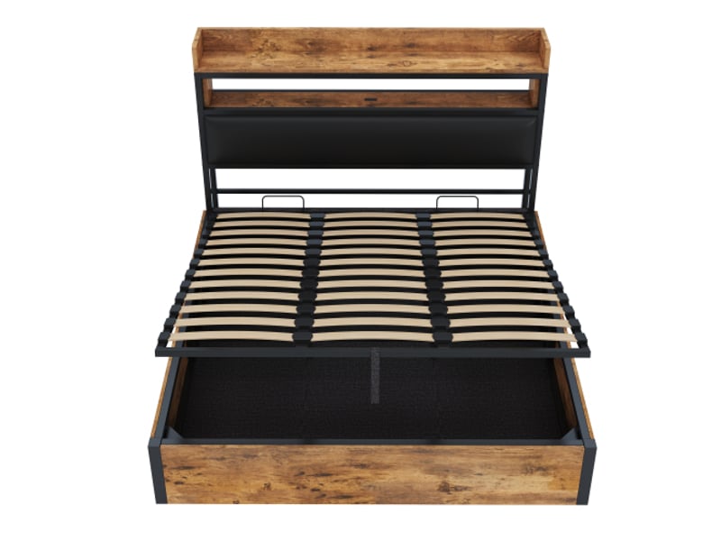 Lit double 180x200 avec rangement hydraulique et usb, tête de lit capitonnée, bois et métal vintage noir - Conforama A