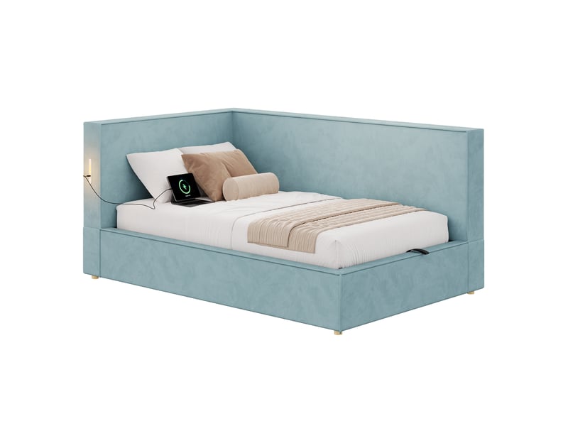  Lit simple rembourré 90x200 cm en velours bleu avec rangement, led, usb et type-c, sommier à lattes et fonction canapé-lit Morn Vibe - Conforama A