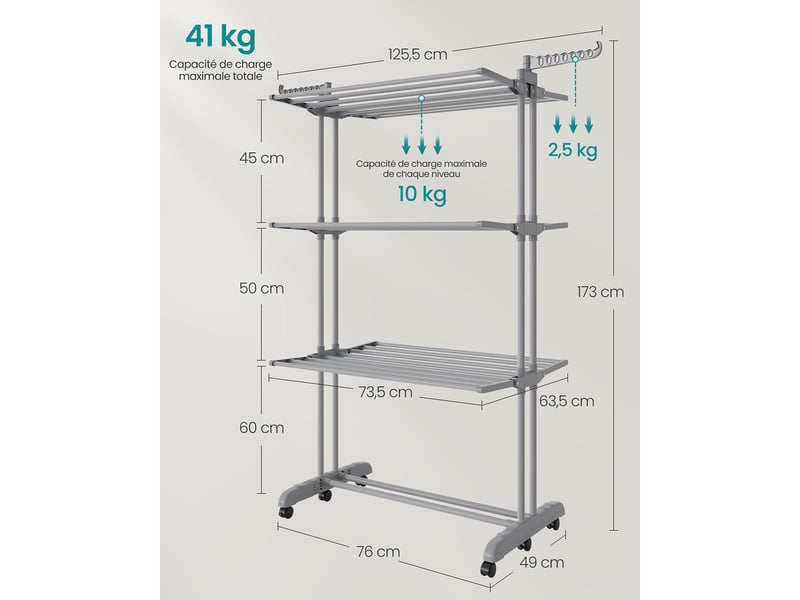  Séchoir à linge mobile pliable 63,5 x 125,5 x 173 cm grande capacité intérieur extérieur en acier gris 12_0012445  - Conforama B
