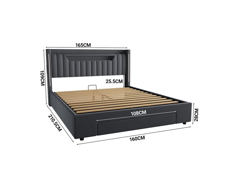  Lit coffre 2 places 160x200 cm avec led coloris gris foncé  - Conforama C