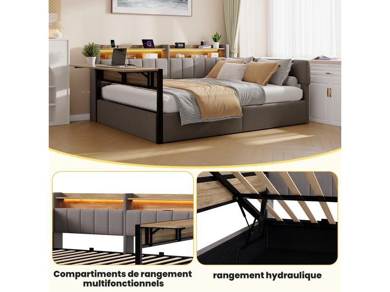  Lit coffre hydraulique 140x200 cm avec led, table rabattable et usb-c, velours gris, structure mdf, sans matelas  - Conforama R