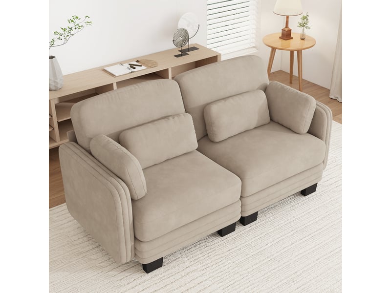  Canapé modulable - 2 places - coussins d'accoudoirs - tissu chenille - structure en bois massif - mobilier de salon - brun clair CozyNest - Conforama C