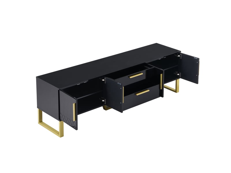  Meuble tv noir brillant 170 cm avec 4 portes et tiroirs, meuble tv noir et or en mdf laqué pour écran 60-69 pouces, design luxe  - Conforama R