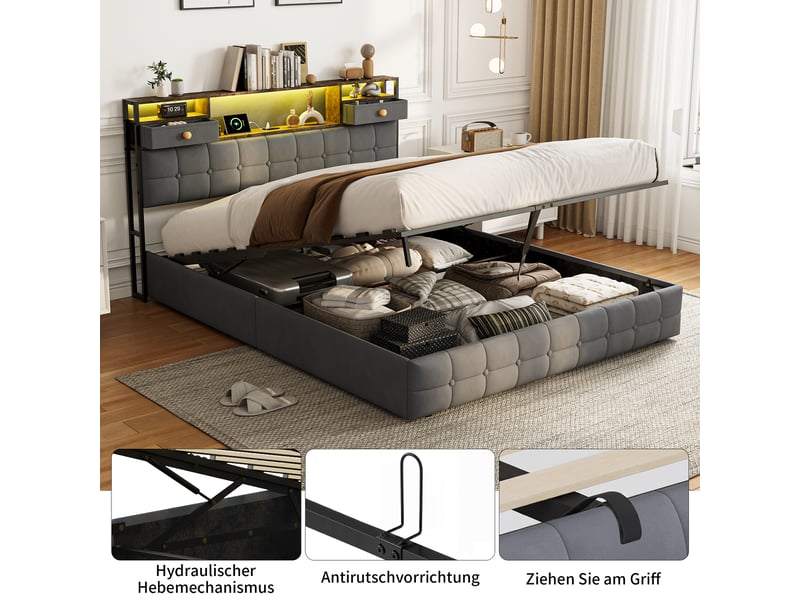  Lit double 160x200 cm avec coffre de rangement,led, usb et type-c, tête de lit de rangement, hydraulique, velours gris  - Conforama R