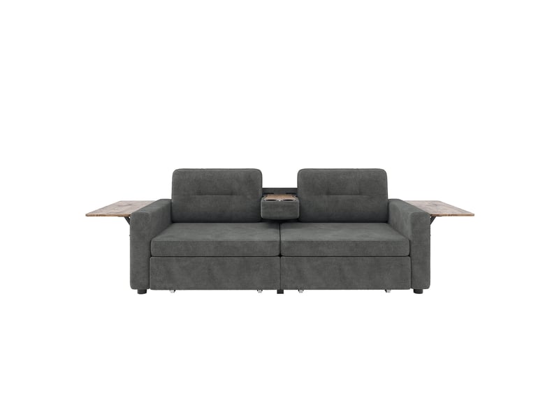  Canapé 2 places avec 2 compartiments de rangement et assise réglable, table ordinateur escamotable et porte-gobelets, tissu chenille gris  - Conforama A
