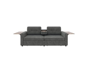Canapé 2 places avec 2 compartiments de rangement et assise réglable, table ordinateur escamotable et porte-gobelets, tissu chenille gris