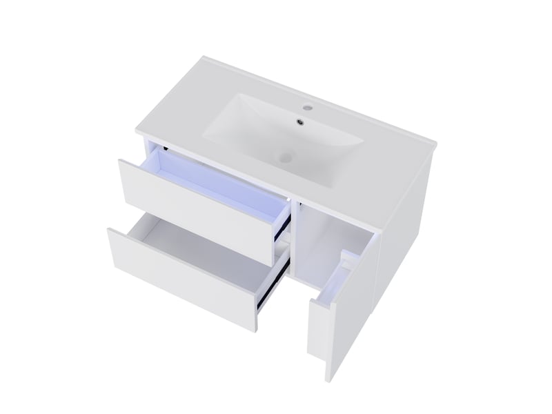 Meuble sous vasque suspendu moderne 91,5x46,5x50,5 cm, led, armoire de rangement avec 2 tiroirs et porte, mdf blanc - Conforama A