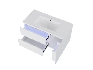 Meuble sous vasque suspendu moderne 91,5x46,5x50,5 cm, led, armoire de rangement avec 2 tiroirs et porte, mdf blanc