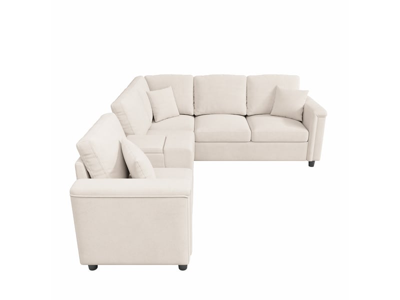  Canapé d'angle modulable 5 places en chenille beige avec console de rangement, porte-gobelets, usb et liseuse  - Conforama A