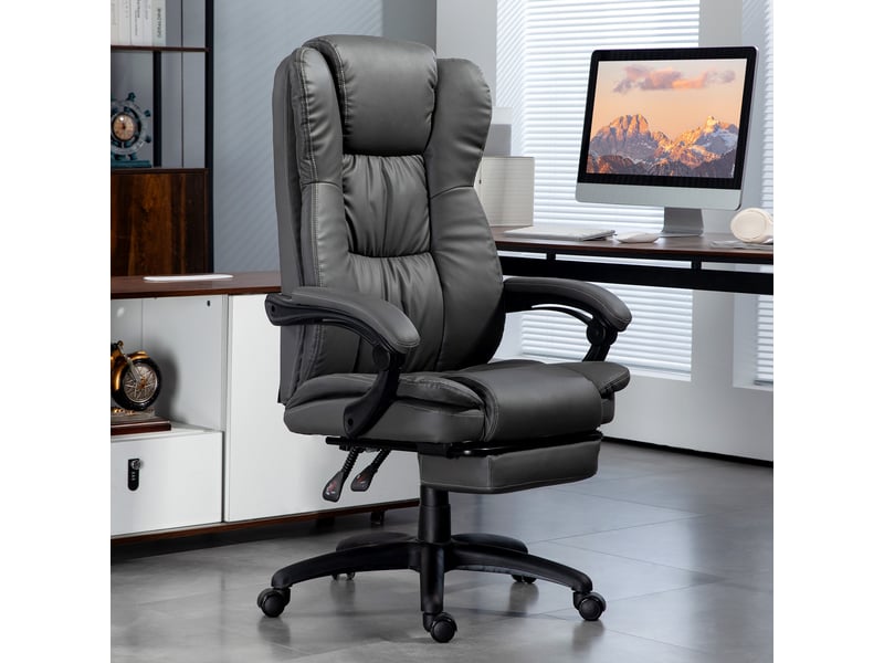  Fauteuil pivotant réglable avec repose-pieds, appui-tête et fonction massage, revêtement en similicuir, 68,5 x 68,5 x 113-121 cm, gris foncé  - Conforama C