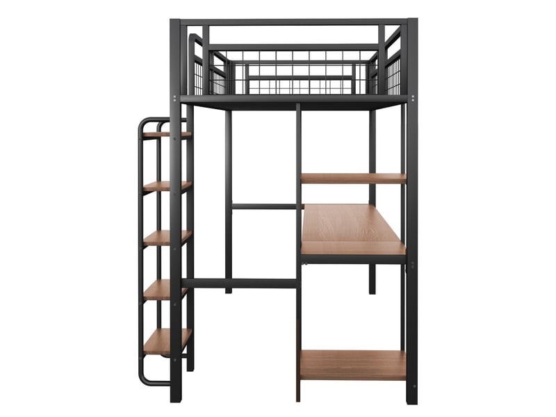 Lit mezzanine enfant 90x200 cm avec table, étagère, garde-corps, escalier, sommier, métal noir, sans matelas - Conforama E