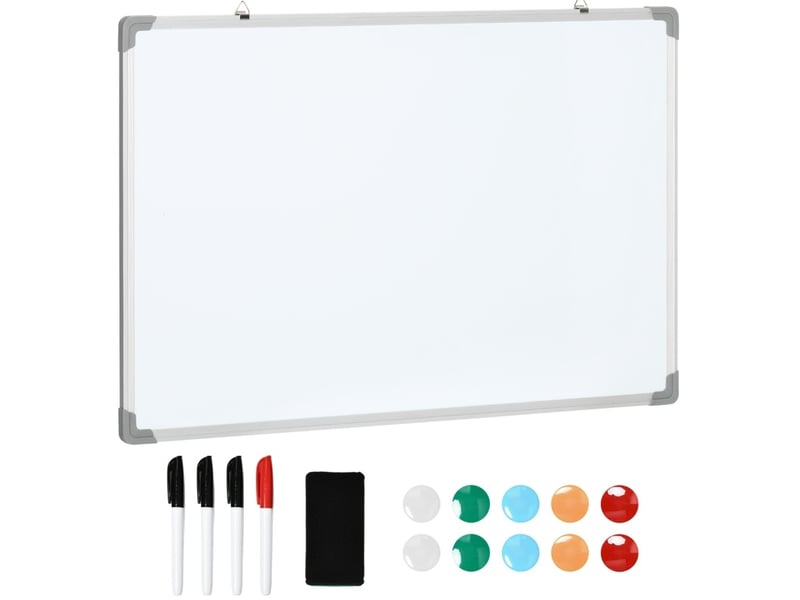  Tableau blanc magnétique 90 x 60 cm – blanc et argent – kit complet avec 4 marqueurs et 10 aimants  - Conforama A