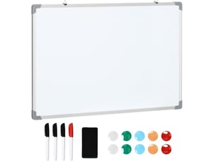 Tableau blanc magnétique 90 x 60 cm – blanc et argent – kit complet avec 4 marqueurs et 10 aimants