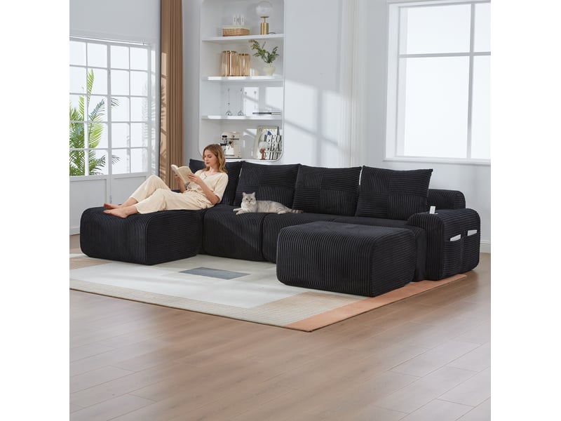 Canapé modulable 4 places 333x174x80 cm avec 2 poufs coloris noir - Conforama E