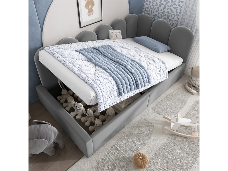  Lit banquette enfant 90x190 cm rembourré avec rangement hydraulique, dossier d'angle, sommier métallique, côtés réversibles, velours gris  - Conforama C