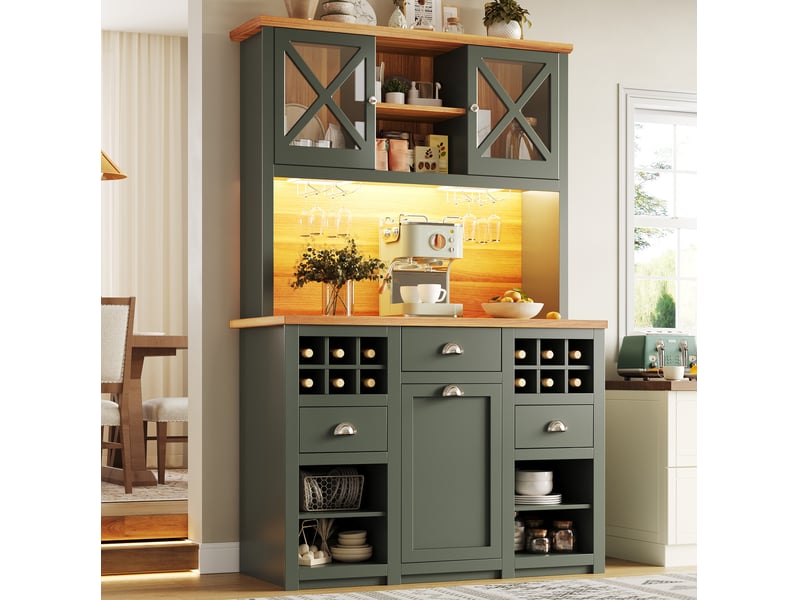 Meuble cuisine haut 120x45x188 cm, avec led, buffet, armoire de cuisine, charge, tablettes réglables, mdf, vert antique  - Conforama B