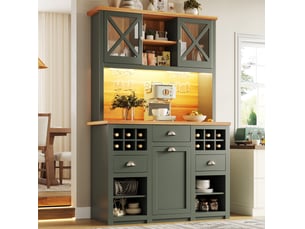 Meuble cuisine haut 120x45x188 cm, avec led, buffet, armoire de cuisine, charge, tablettes réglables, mdf, vert antique