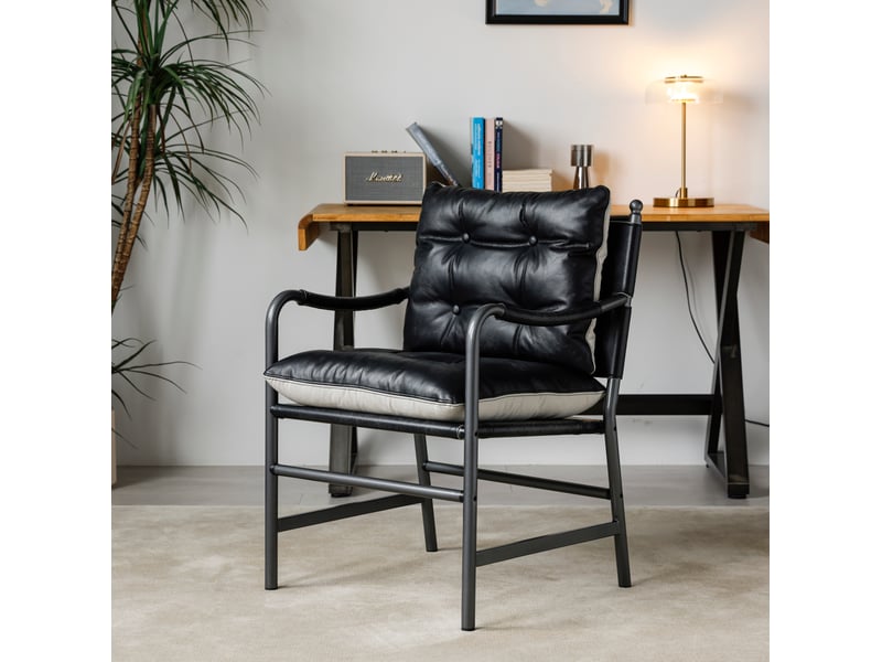  Fauteuil de salon avec accoudoirs, assise rembourrée et cadre stable, style moderne rétro, en cuir noir et métal  - Conforama B