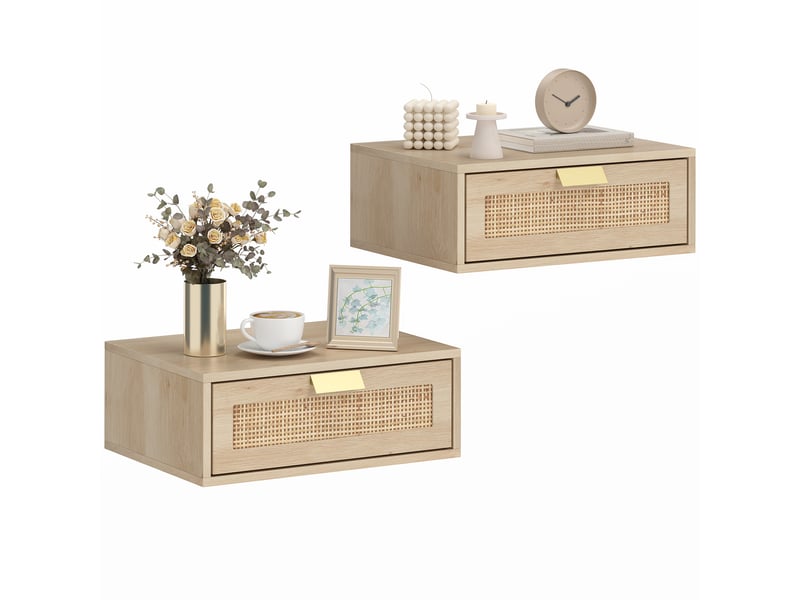  Lot de 2 tables de chevet murales avec tiroir rotin coloris chêne 40 x 30 x 15 cm  - Conforama A