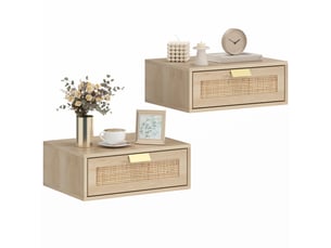 Lot de 2 tables de chevet murales avec tiroir rotin coloris chêne 40 x 30 x 15 cm