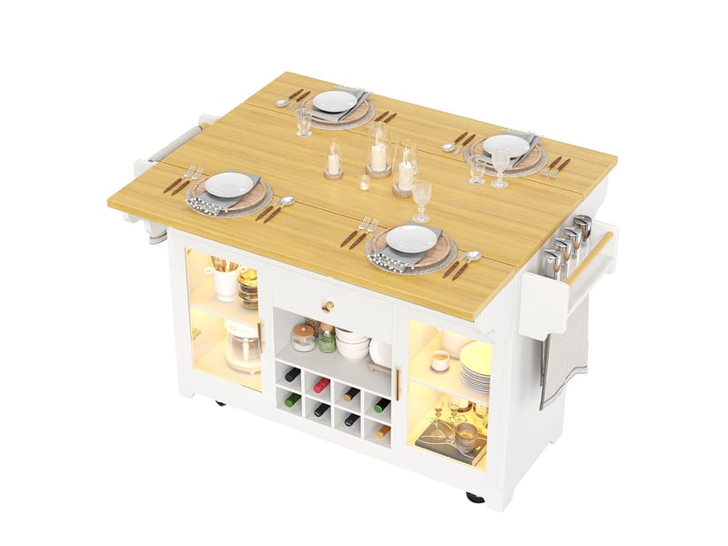  Desserte de cuisine 95 cm éclairage led rgb plateau rabattable des deux côtés étagères réglables porte-bouteilles mobile hauteur ergonomique finition blanche  - Conforama A