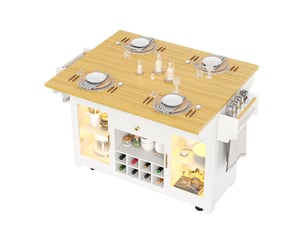 Desserte de cuisine 95 cm éclairage led rgb plateau rabattable des deux côtés étagères réglables porte-bouteilles mobile hauteur ergonomique finition blanche