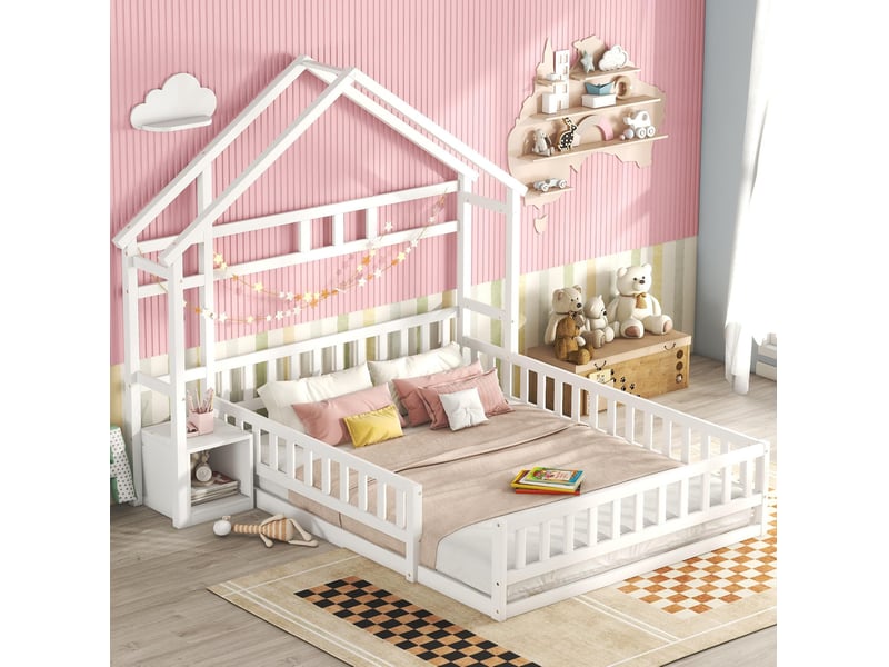  Lit enfant cabane 140x200 cm avec barrières et chevet, blanc  - Conforama D