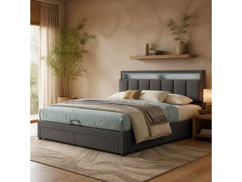 Lit double avec rangement hydraulique et led en lin gris foncé 180 x 200 cm  - Conforama C