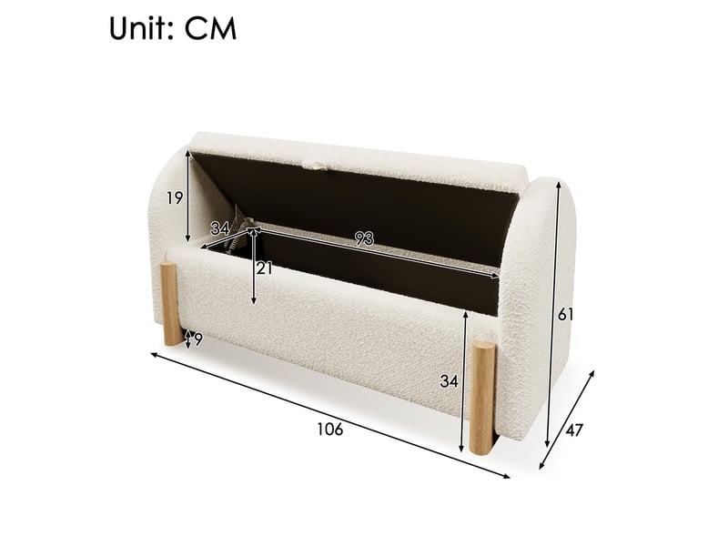  Banc coffre tcqpz 106 x 47 x 61 cm avec rangement hydraulique tissu chenille bouclette blanc  - Conforama C