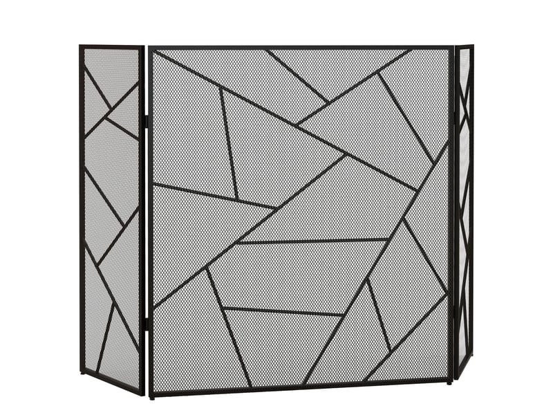  Pare feu cheminée pliable 3 panneaux en acier avec décor géométrique et pieds antidérapants, 135l x 1,2p x 85h cm, noir  - Conforama B