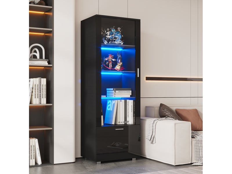  Vitrine led avec 3 étagères en verre, porte en acrylique et rangement bas pour salon, noir, 40 × 50 × 160 cm  - Conforama B
