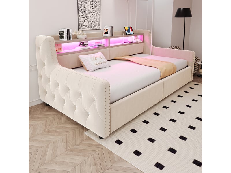  Lit coffre enfant 90x200 cm canapé-lit avec rangement et led, velours, beige, sans matelas  - Conforama W