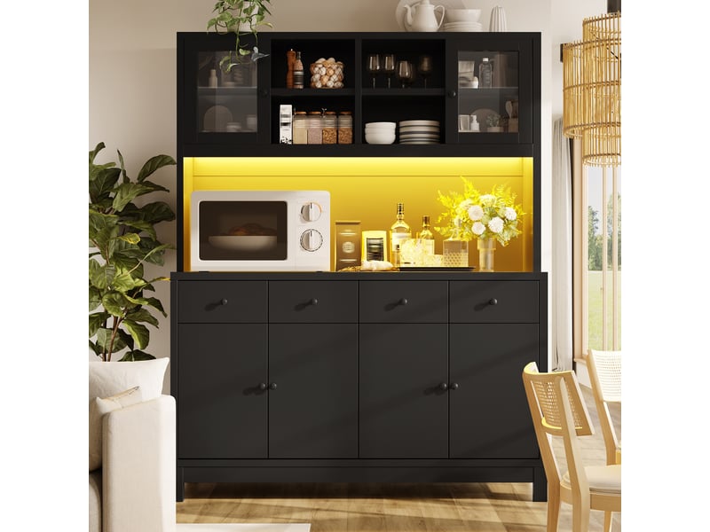  Vaisselier buffet haut de cuisine noir 4 portes et 4 tiroirs, meuble de rangement avec led rgb, mdf, 140 cm  - Conforama E