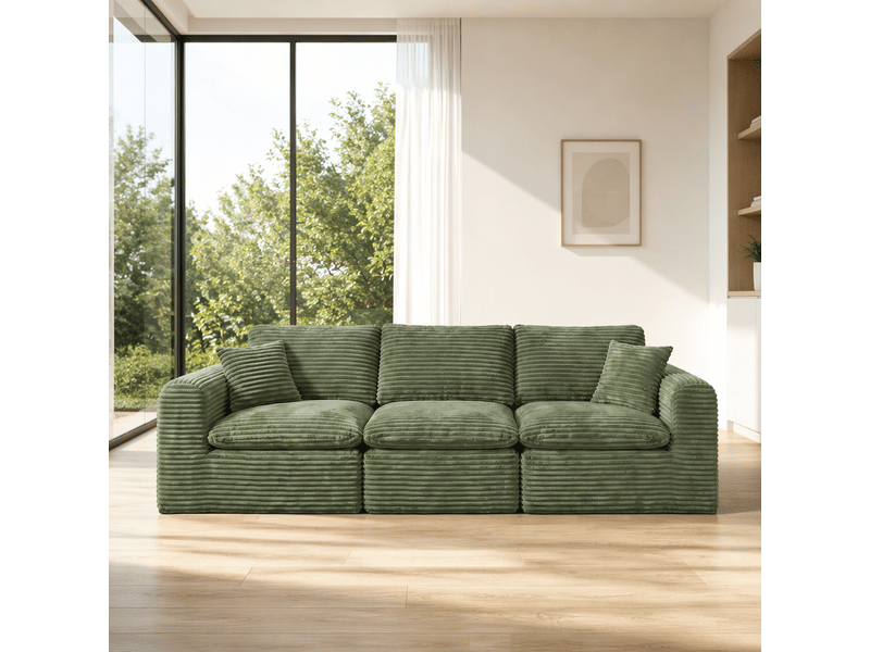  Canapé d’angle modulable 4 places 280 cm, 3-en-1, sans cadre rigide, mousse et ressorts, couchage d’appoint, velours côtelé, vert Morn Vibe - Conforama C