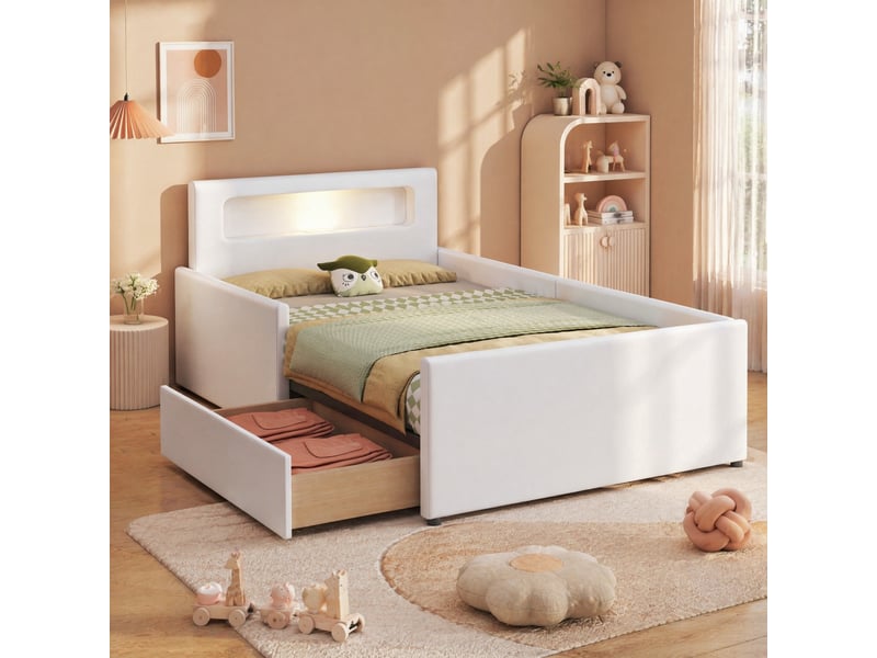 Lit simple enfant 200×90 cm avec tiroirs, veilleuse led, port usb et côtés surélevés, en similicuir blanc - Conforama B