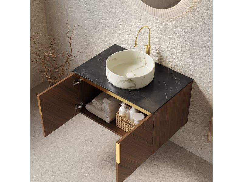 Meuble vasque suspendu 2 portes avec fermeture douce - lpospi - plan en pierre frittée, céramique blanc, chêne marron - Conforama C