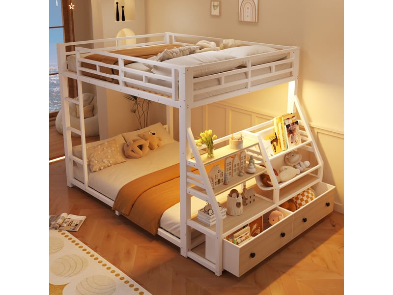  Lit superposé en métal 140x200 cm, éclairage led, 2 tiroirs en tissu, escalier, garde-corps, rangement ouvert, blanc BrimViber - Conforama B